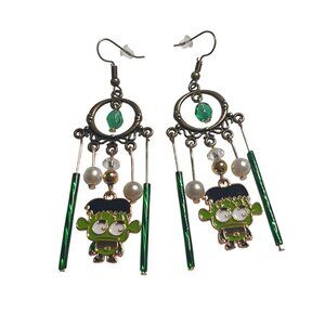 Handmade Chandelier Earrings Green Beads Pearl Frankenstein Halloween